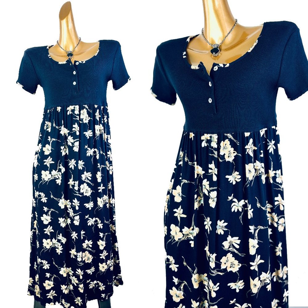 Vintage Navy and White Floral Midi Dress